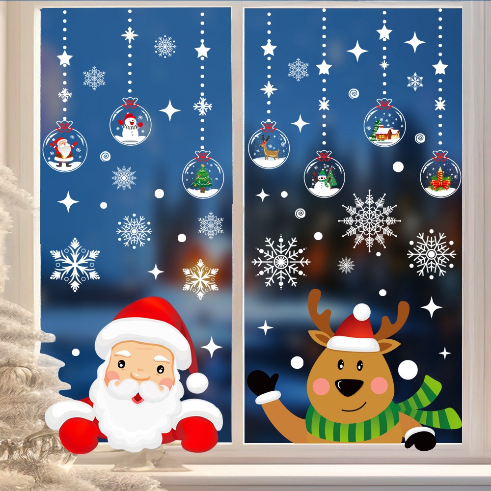 Snowflake Window Decal - 漫画クリスマスサンタクロースウィンドウステッカーヘラジカ雪片ガラスステッカーメリークリスマスデコレーション2025ハッピーニューイヤー2026