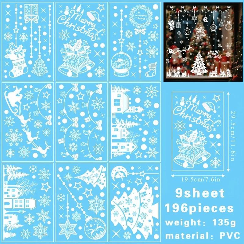 196枚/9シート クリスマス静電気ウィンドウデカール、残留 - Snowflake Window Decal のレビューと価格