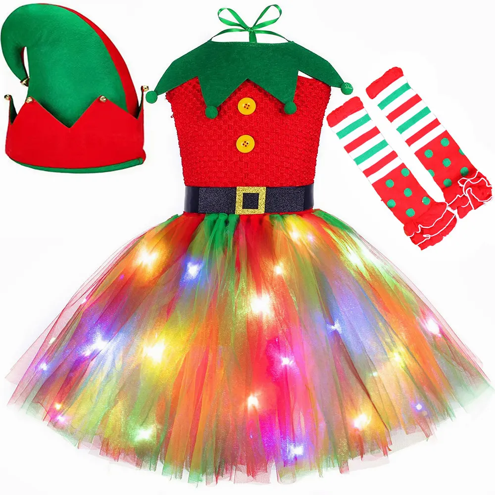 クリスマスチュチュドレス 赤緑チュールプリンセスドレス エル - Elf Costume Christmas のレビューと価格